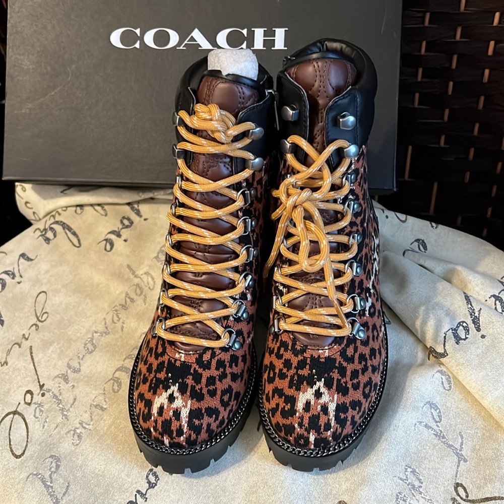 Coach Lorren Leather-Trimmed Leopard Print Tweed Hiking Boots